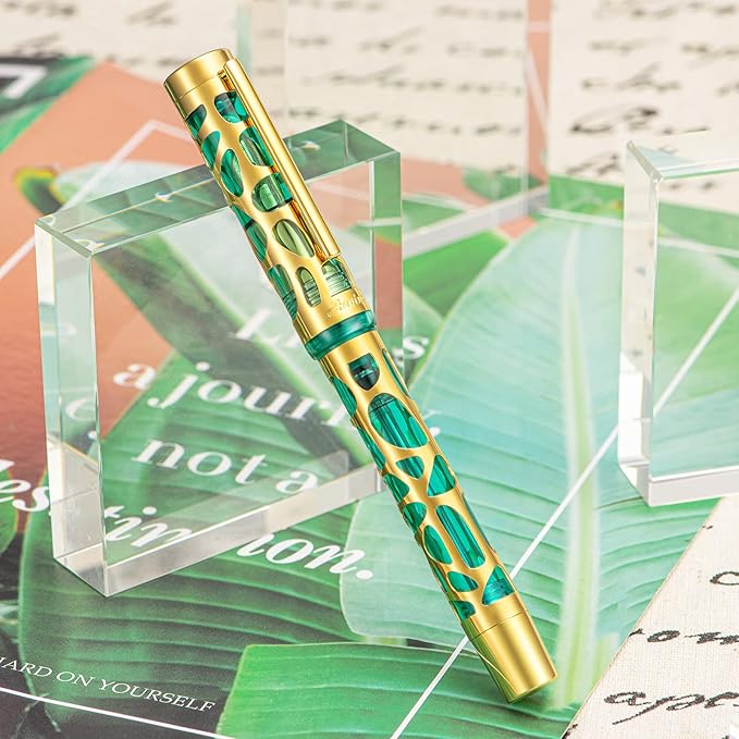 Asvine V169 Vacuum Filling Fountain Pen Iridium Medium Nib, Water Drop Skeleton Gold Trim Transparent Green Acrylic Pen Case Set