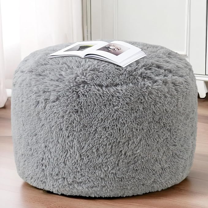 HIGOGOGO Round Stuffed Pouf Ottoman, Long Faux Fur Poufs with Foam Chunk Filling, Fluffy and Furry Pouf Foot Stool Storage Ottoman, 26 X 18 Floor Poufs Foot Rest for Living Room, Light Grey-DeskLoop Office
