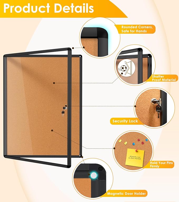 SWANCROWN Enclose Bulletin Board Case School Cork Noticeboards Cabinet with Locking Door and Keys,38x28 inch (9xA4)-DeskLoop Office