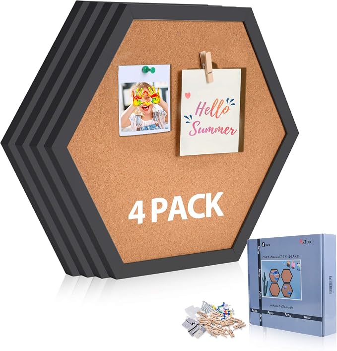 AkTop Cork Bulletin Board Hexagon 4 Pack, Small Framed Corkboard Tiles by Buynow
