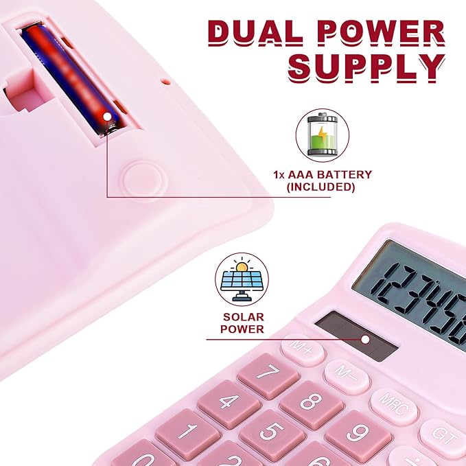 Basic Calculator with Comfortable Large LCD Display, 12 Digits Calculators Desktop, Tilt Screen, Big Button, Desk Calculator with Dual Power (Solar & Battery Included) (Pink)-DeskLoop Office