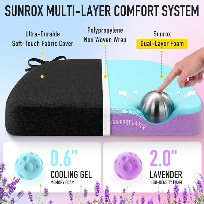 SUNROX Cooling Gel Memory Foam Chair Cushions, 2.6" Thick U-Shaped Dual-Layer - Image 2