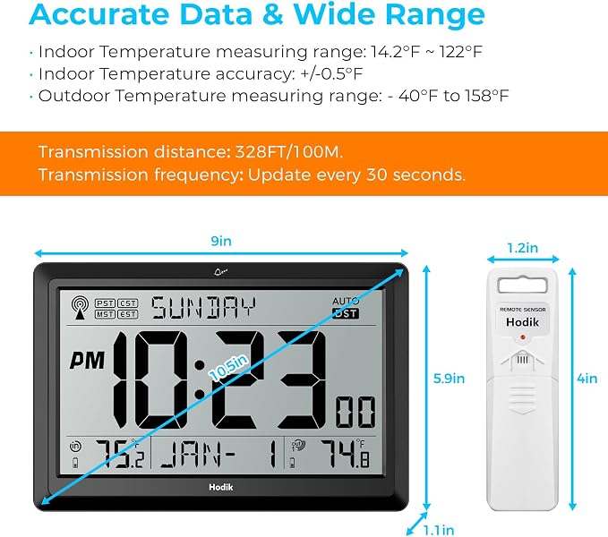 Wall Clock Atomic with Indoor Outdoor Temperature Battery Powered, Easy Reading - Image 6