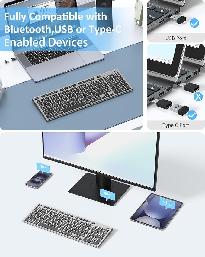 FENIFOX Wireless Keyboard, Bluetooth + USB Ergonomic Silent Quiet Rechargeable with Number Pad Compact Full Size Multi Device Keyboards for iPad Tablet Mac Computer Surface PC MacBook Laptop Blcak-DeskLoop Office