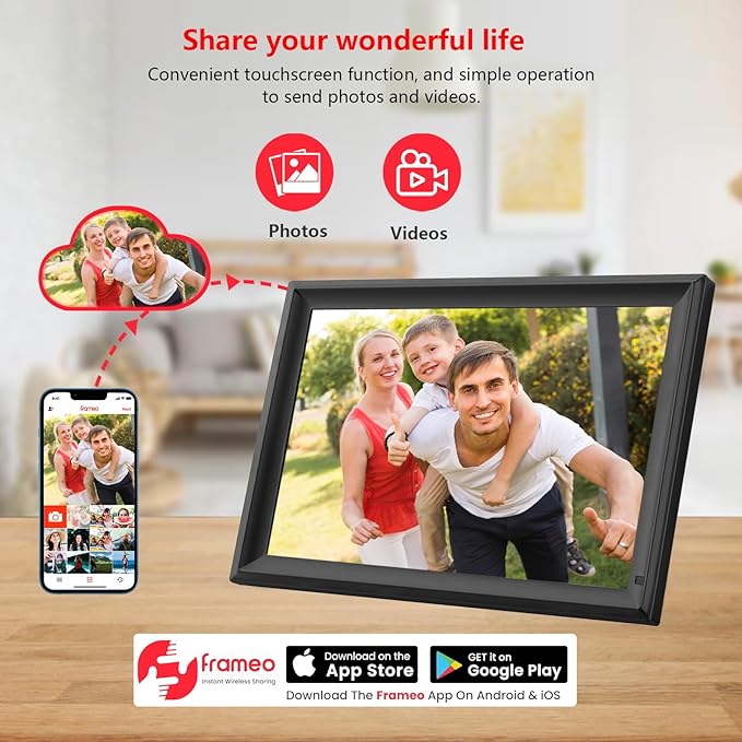 FRAMEO 15.6 inch Digital Picture Frame,Large WiFi Photo Frame 32GB,FHD IPS Touch Screen, Wall-Mounted,Share Photo/Video, Living Room Elderly Parents Birthday-DeskLoop Office