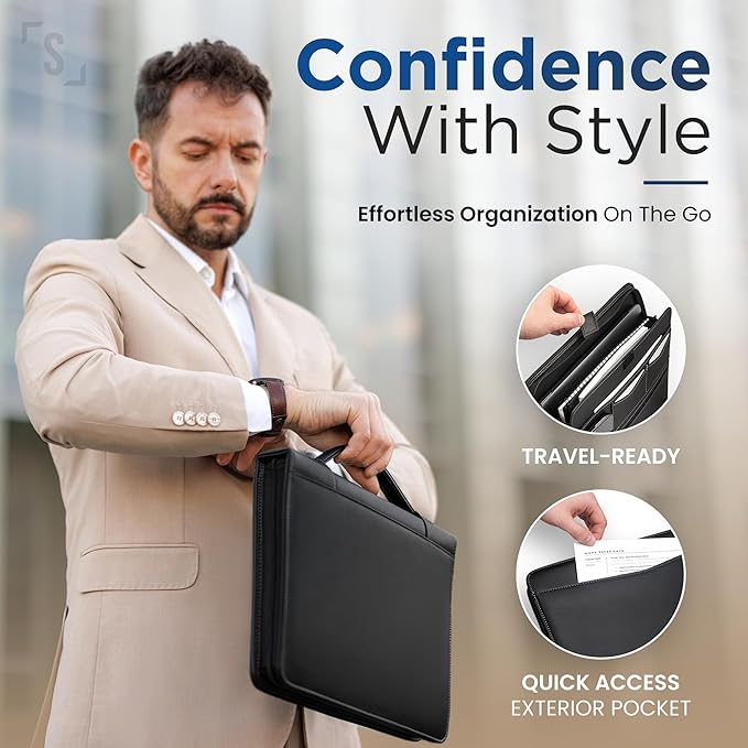 STYLIO Black Zipper Padfolio Portfolio Binder w/Carrying Handle | Organizer - Image 3