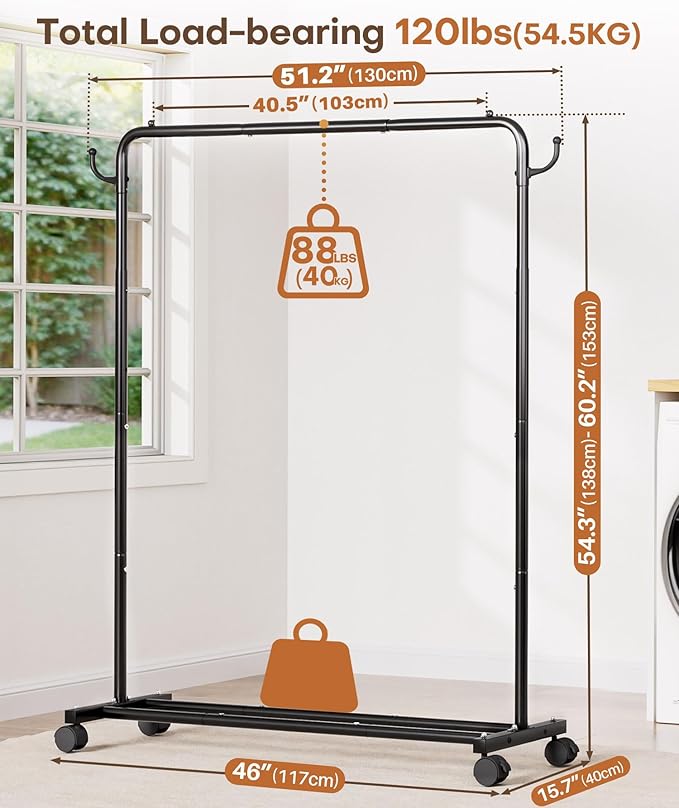 Homde Heavy Duty Clothes Rack: 120lb Standing Garment Storage for Indoor - Rolling Hanging Rod for Bedroom Laundry Room - Coat Dress Organizer on Wheels with luggage shelf (Black，46")-DeskLoop Office