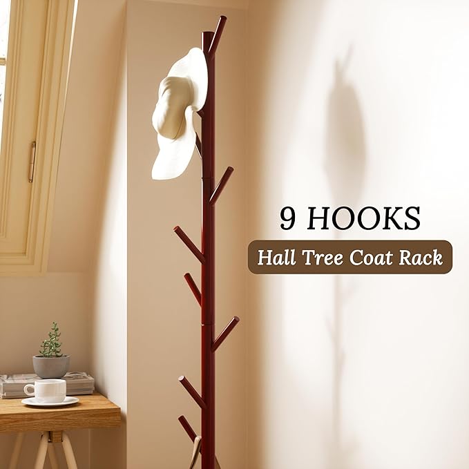 Wooden Coat Rack Freestanding Coat Tree with 4 Height Options and 9 Hooks, Sturdy Coat Rack Stand for Clothes/Bags/Hats, Easy Assemble Save Space for Entryway,Bedroom,Office,Narrow Place (Brown)-DeskLoop Office