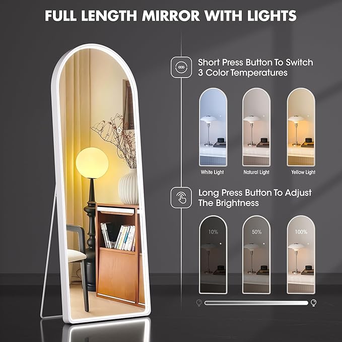 Hasipu 65" X 24" Full Length Mirror with Lights, White Frame Arch Led Mirror Full Length and 3 Colors Temperatures & Brightness Adjustable,Light Up Mirror Full Body for Bedroom Cloakroom Living Room-DeskLoop Office