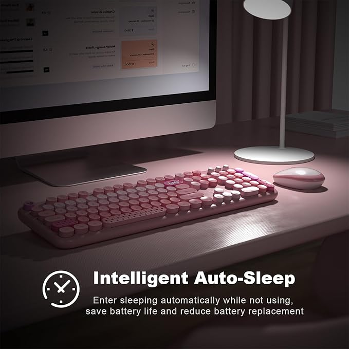 MOFII Wireless Keyboard and Mouse Combo, Full Size 2.4G Plug and Play Typewriter Retro Round Computer Keyboard and Mouse Set for Windows, Computer, Desktop, PC, Notebook - (Pink Colorful)-DeskLoop Office