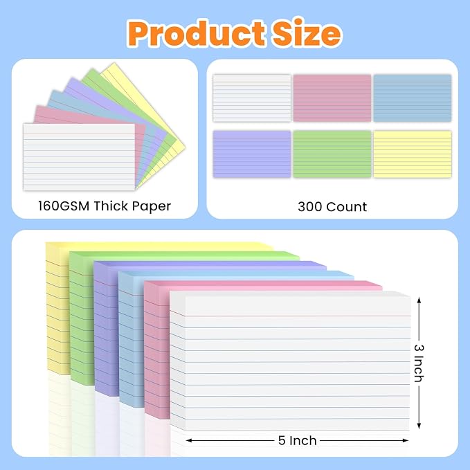 300PCS Index Cards 3 x 5 Inch, Colored Flash Cards, Lined Flashcards Notecards - Image 2