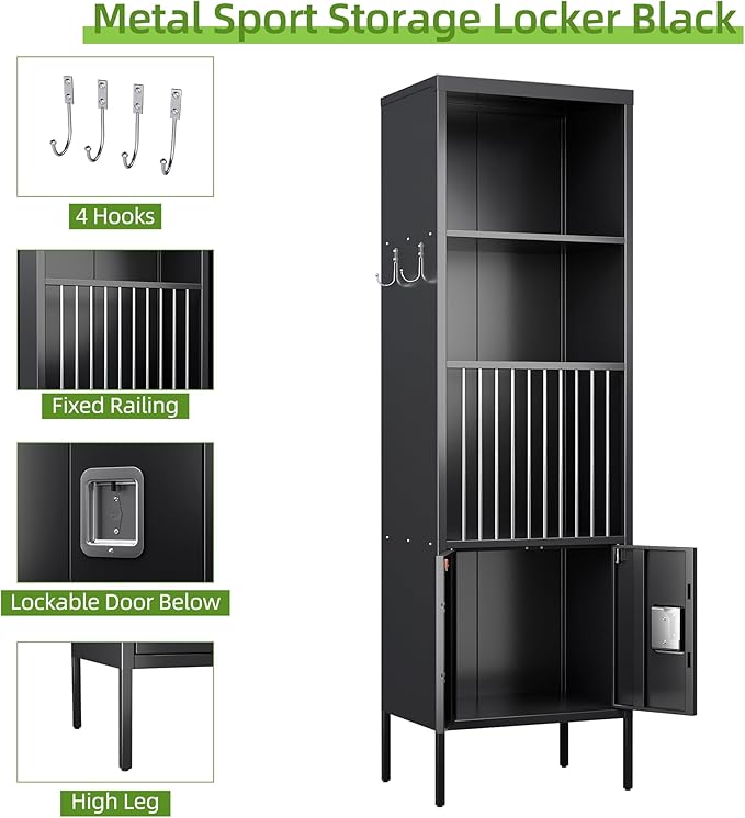Aobabo 72" H Metal Storage Locker for Gym, for Stores Sports Gear Footballs, Rugby Balls and Tennis, Open Storage Locker with Hooks for School, Gym, Black, Assembly Required-DeskLoop Office