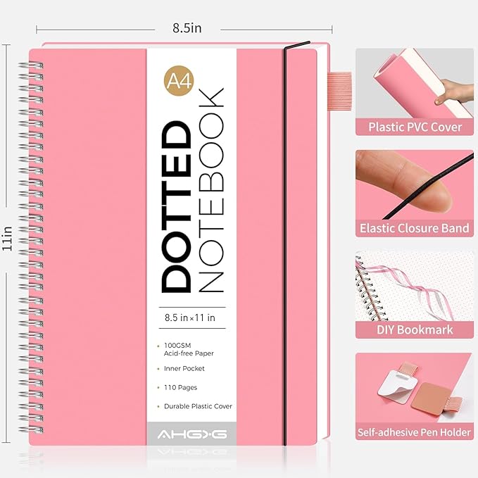 AHGXG Bullet Dotted Journal - Dot Grid Spiral Notebook 8.5" x 11", A4 Large Dotted Notebook, 100 GSM Thick Paper, Waterproof Plastic Cover Journals for Bullet Journaling, Sketching, Pink-DeskLoop Office