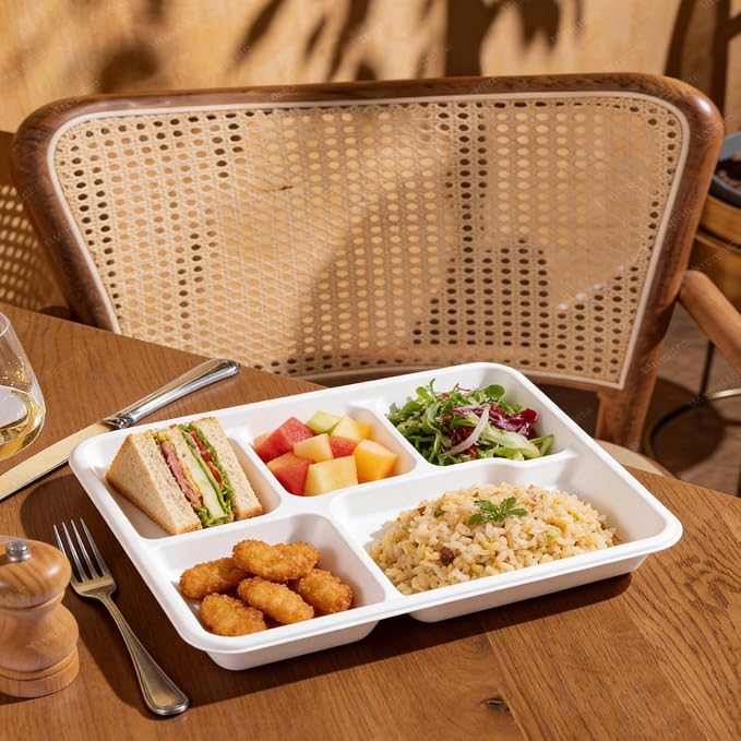 75Pack Compostable 5 Compartment Plates 10.25x8.25 inch Divided Paper Food Trays - Image 5