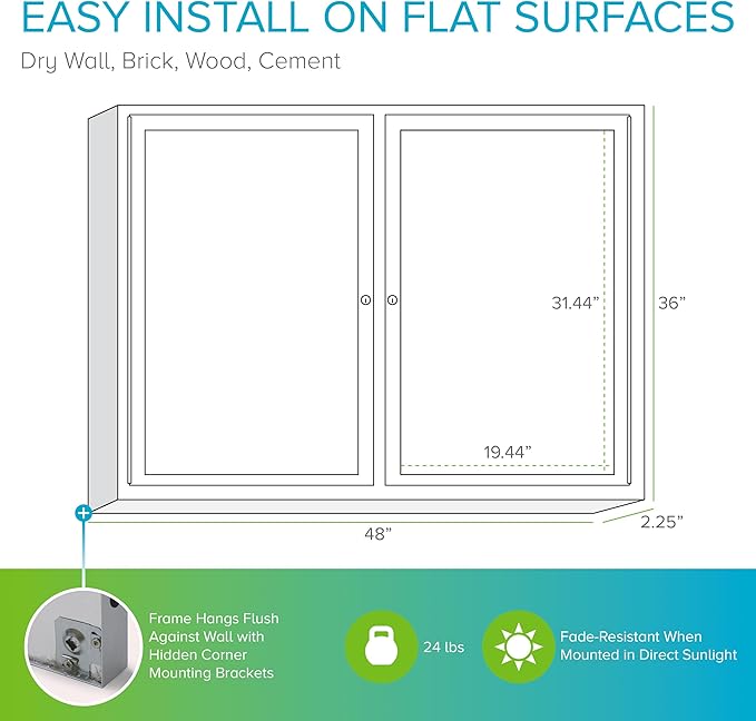 Ghent 36" x 48" 2-Door indoor Enclosed Recycled Rubber Bulletin Board, Shatter Resistant, with Lock, Satin Aluminum Frame,Black (PA234TR-BK) ,Made in the USA-DeskLoop Office