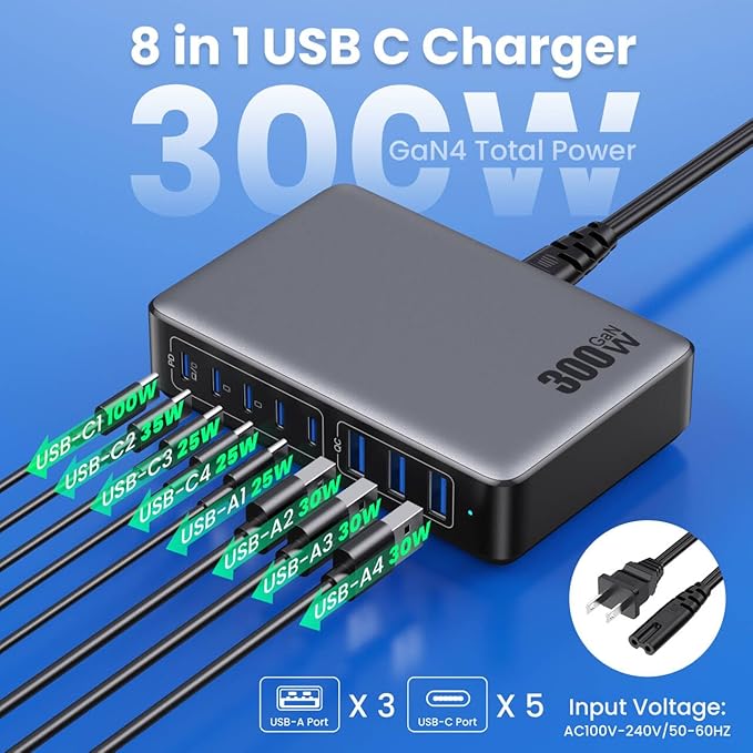 USB C Charger 300W USB C Charger Block, 8-Ports GaN IV Fast Charging Station Hub, Dual PD 100W Laptop Charger Adapter,for MacBook Pro/Air/iPad/iPhone16/15/14/Apple Watch/DELL/Samsung for Home Office-DeskLoop Office