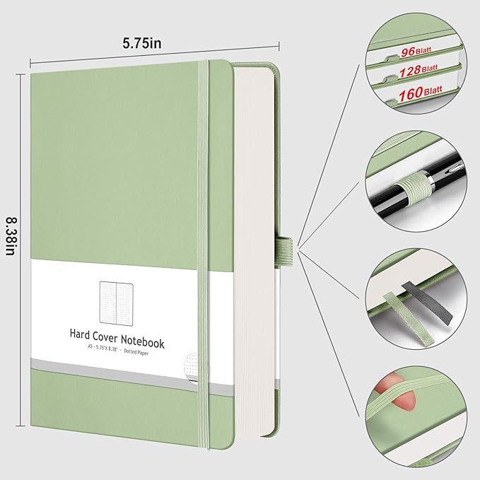 AHGXG Bullet Dotted Journal - 320 Numbered Pages Dot Grid Notebook A5 Thick Journal, 100gsm Thick Dotted Paper, Leather Hardcover,Inner Pocket, 5.75'' × 8.38''-LightGreen-DeskLoop Office