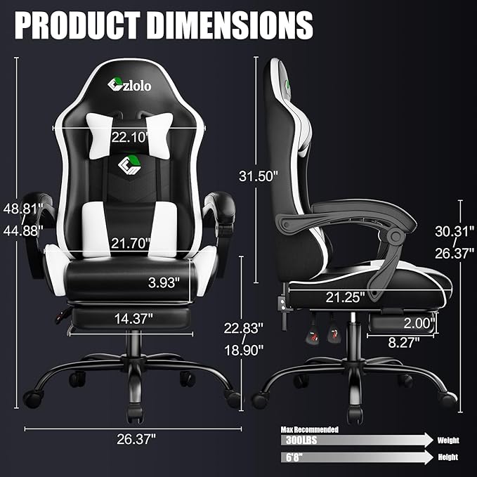 Gaming Chair, Ergonomic Office Computer Chair with Footrest and Lumbar Support Massager Racing Style High Back Video Gamer Chair, Wide＆Thick Cushion, 90°-135° Recline, Adjustable Height, White-DeskLoop Office