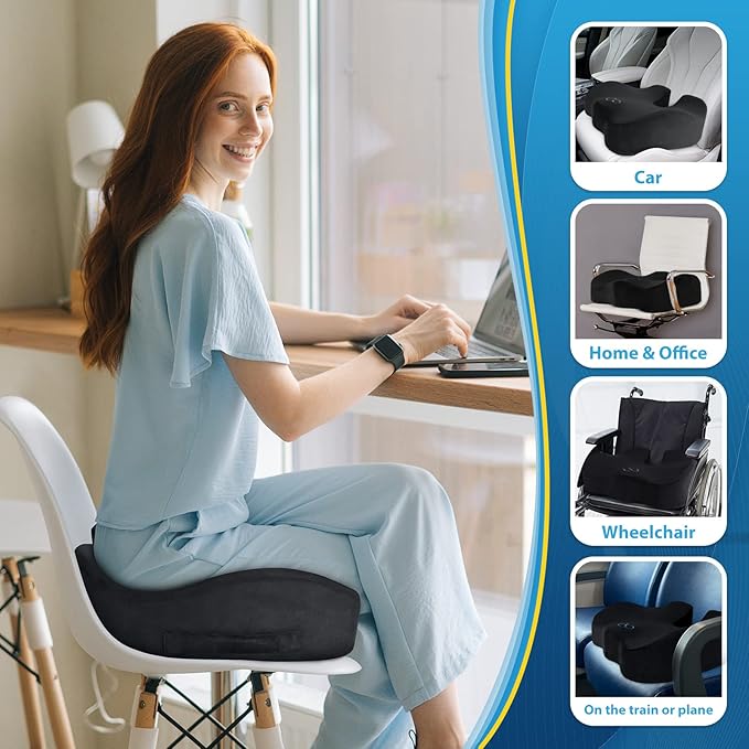 BlissTrends Seat Cushion,5.2in Thick Memory Foam Cushions for Office Chair, Car Seat, Airplane, Relieving Pressure Tailbone Sciatica Back Pain for Long Sitting Office Workers, Car Drivers Black-DeskLoop Office