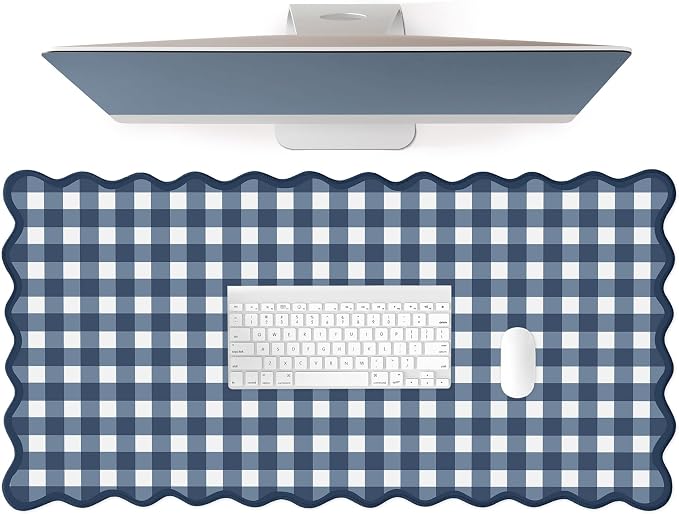Scalloped‌ Checkered Desk Mat Cute Dark Blue XXL Large Gaming Mouse Pad Gingham by Unknown