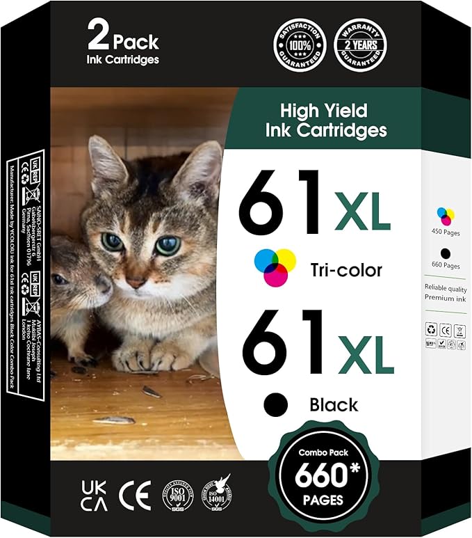 61XL 61 XL Ink Cartridges High Yield Replacement for HP Ink 61 61 XL 61XL for Envy 4500 4501 4502 5530 Deskjet 1000 1010 1050 1510 2510 2540 3000 Officejet 2620 4630 Printer (1 Black,1 Color)-DeskLoop Office