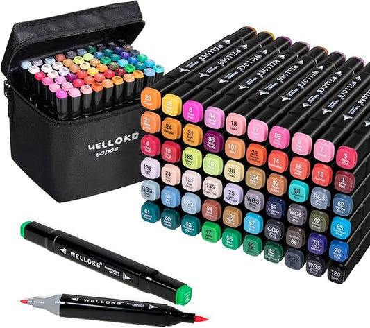 WELLOKB Alcohol Markers Set, 60 colors Alcohol Based Dual Tip, Fine and Brush by WELLOKB