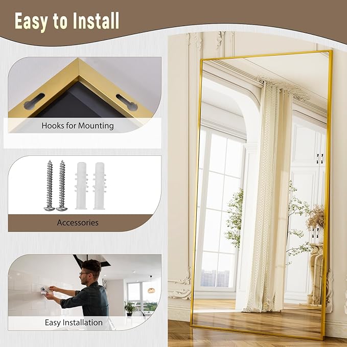 GLSLAND-38 x 77" Rectangular Full Length Mirror - Large Floor Mirrors Aluminum Alloy Frame Full Body Dressing Mirror for Bedroom, Living Room,Gold-DeskLoop Office