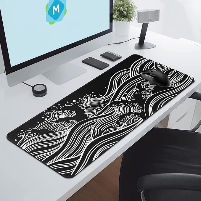 DIGSOM Gaming Mouse Pad Black and White Sea Wave Pattern, 31.5 x 11.8in | XL - Image 4