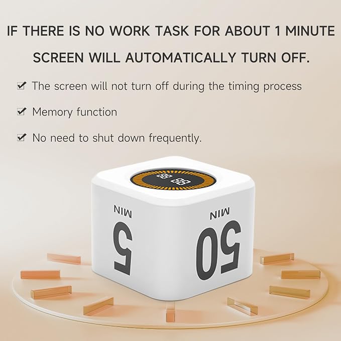 Rotating Productivity Timer 5, 50 Minutes Preset, Desk Cube w/Gravity Sensor - Image 7