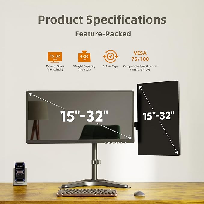 Claiks Dual Monitor Mount, Ergonomic Adjustable Monitor Arm for Max 32 inch Screens, Adjustable Computer Monitor Stand up to 40 lbs, VESA Mounting Holes 75&100mm, Black-DeskLoop Office