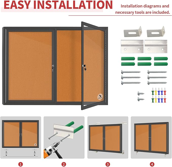 Enclosed Bulletin Board Lockable,Double-Door Weatherproof Outdoor Noticeboard with Locking Door, Wall-Mounted Aluminum Framed Presentation Board, 44x32 Inch (8xA4)-DeskLoop Office
