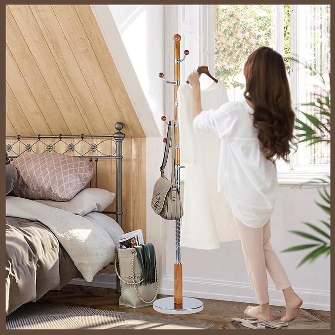 Wooden Coat Rack Freestanding, Vintage Coat Racks with Sturdy Round Base, Adjustable Height 37.40"-72.83" Entrance Coat Rack for Bedroom Living Room Entryway (Solid Wood Metal Hook)-DeskLoop Office