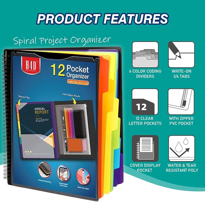 H4D 12 Pocket Poly Project Organizer, Spiral Multi Pocket Folder Organizer - Image 2