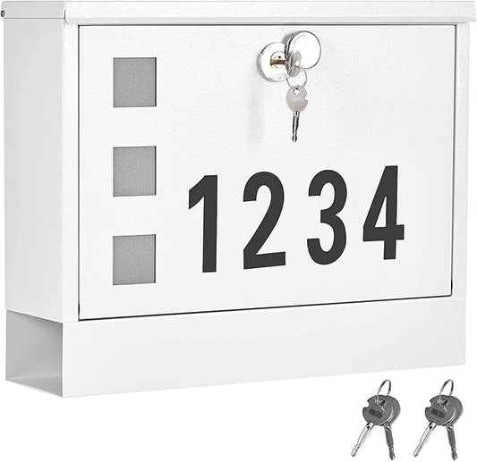 LAND·VOI Locking Mailbox Wall Mounted, Metal Postbox with Three Sets of Mail Box Number Stickers, 4 Keys, 14.4" x 4.5" x 11.2", Large Capacity, Textured White, AMB11W-DeskLoop Office