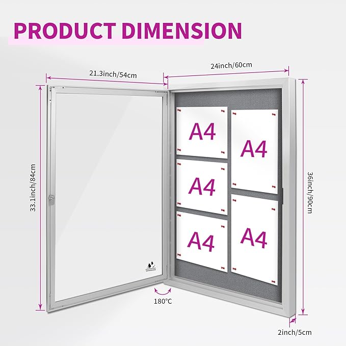 Outdoor Weatherproof Enclosed Fabric Bulletin Board,Noticeboard Case with Lockable Glass Door,Silver Aluminum Frame, 36x24 Inch (5xA4)-DeskLoop Office