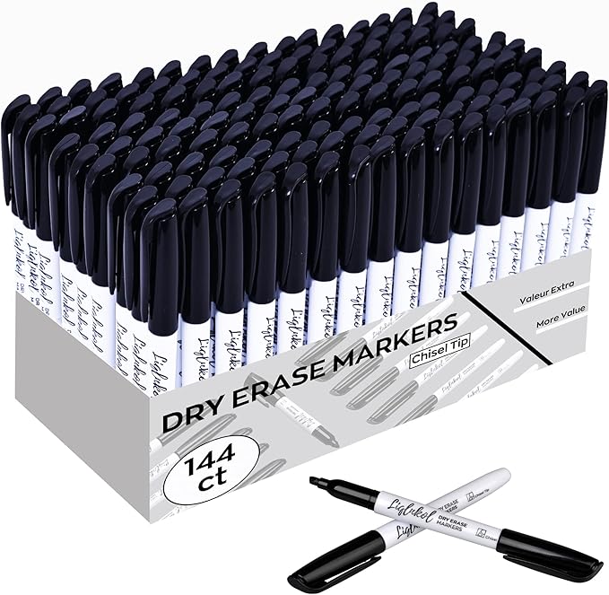 Dry Erase Markers Bulk, 144 Pack Black Whiteboard Markers, Chisel Point Low by Liqinkol