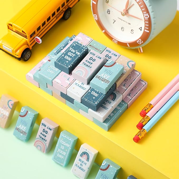 200 Pcs Back to School Inspirational Erasers Bulk Gifts Boho Everyone is Welcome Classroom Decor Fun Rainbow Motivational Pencil Erasers for Classroom Office Teacher Artists Prize Reward-DeskLoop Office