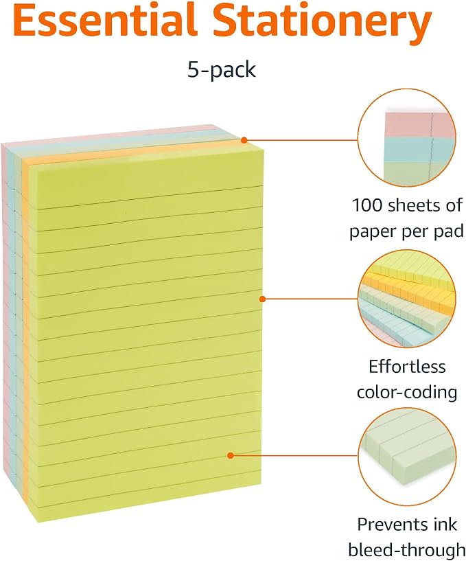 Amazon Basics Lined Sticky Notes, 4x6" Self-Stick Pads - Image 3