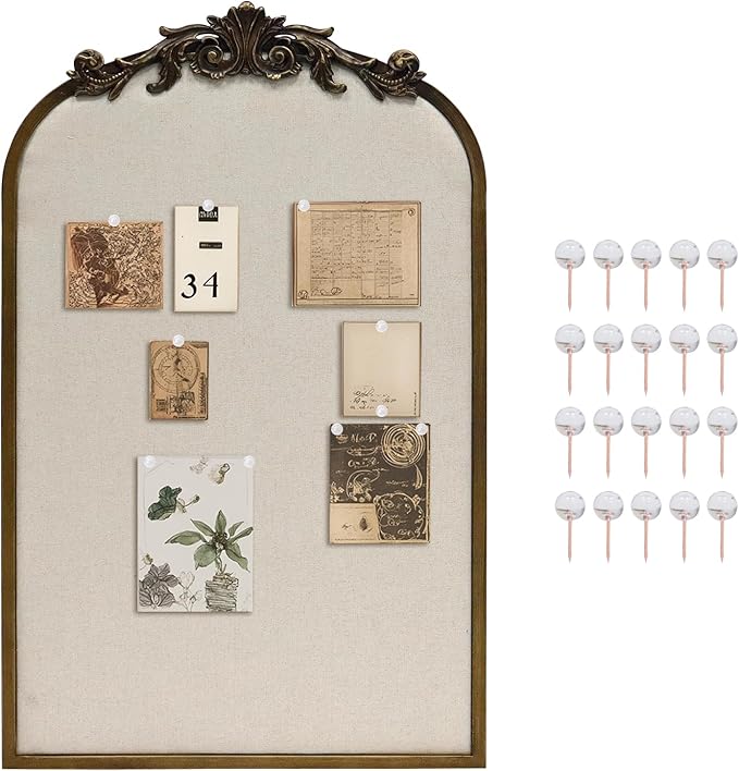Arch Fabric Pinboard, Antique Gold Bulletin Boards 19"x31", Vintage Cork Board with Ornate Iron Frame for Wall Unique Display, Organization and Decor Options-DeskLoop Office