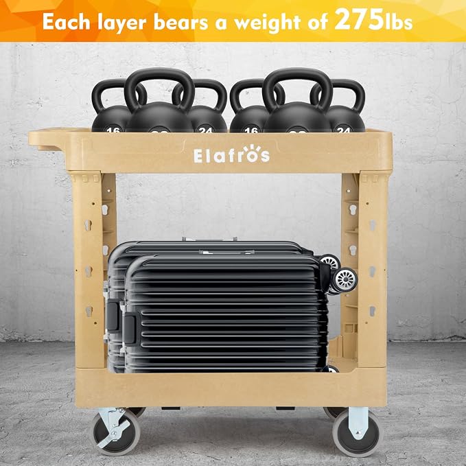 ELAFROS 2-Tier Heavy Duty Rolling Cart, 34 x 17 in, 2 Fixed 2 Swivel, Sand | - Image 6