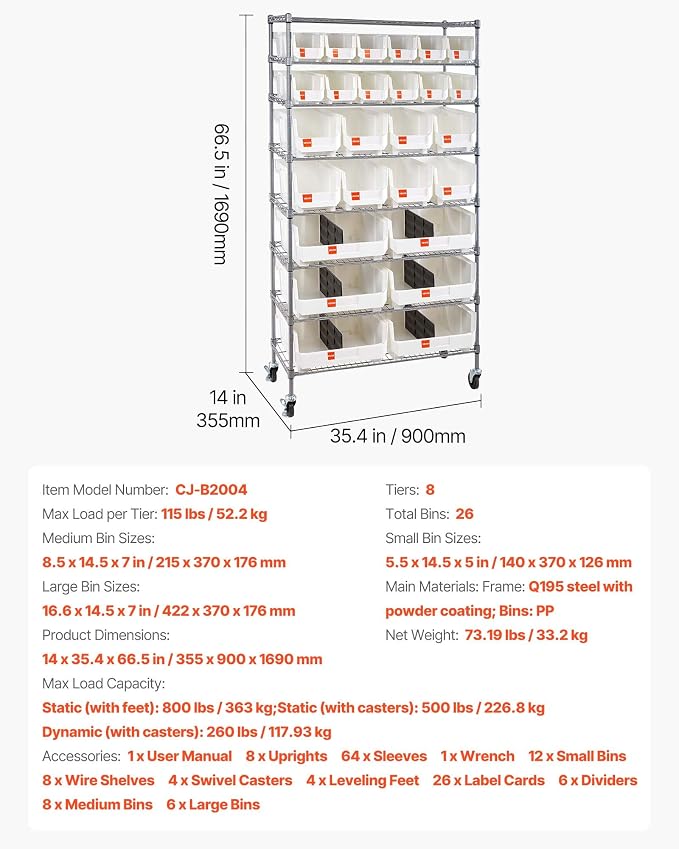 VEVOR 8-Tier Rolling Bin Storage Rack, 26 Organizer Bins, Bin Rack Storage - Image 3