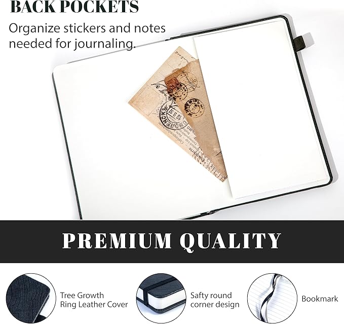 CAGIE Lined Journal for Men Women, Tree Growth Ring Leather Bound Journal Notebook, 256 Pages 100 GSM Journals for Writing, A5 Hardcover Journaling Notebooks for Work, Note Taking, Black-DeskLoop Office