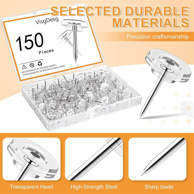 150Pcs Clear Push Pins Tacks, Thumb Tacks, Reusable Flat Head Thumbtacks - Image 3