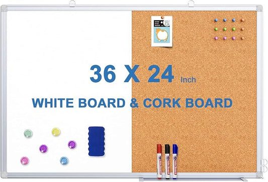 Magnetic White Board and Cork Board Combo, 36 X 24 inches Whiteboard Bulletin by TRIPOLLO