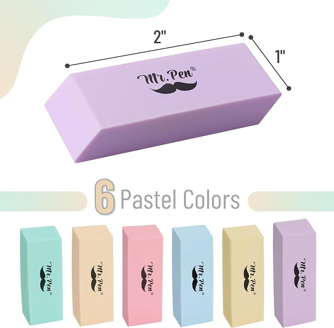 Mr. Pen- Pencil Eraser, 12 Pack, Pastel Colors | Large Latex Free Block Erasers - Image 3