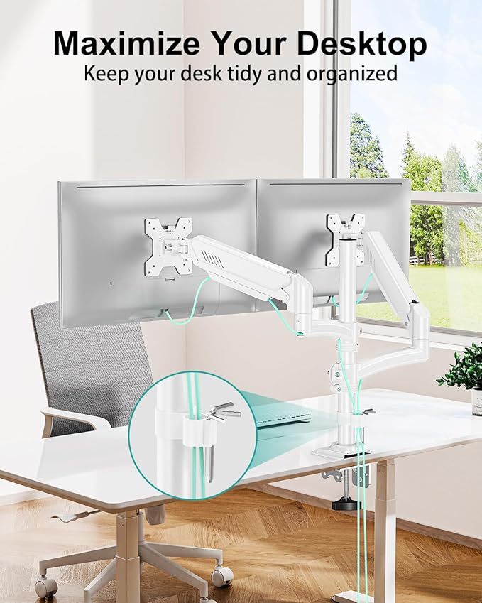 Dual Monitor Stand for Desk, Taller Monitor Arms for 2 Screens up to 32 inch, Ergonomic Adjustable Gas Spring Double Computer Monitor Mount, Holds 4.4-22lbs, VESA 75/100mm, White, Freelift-DeskLoop Office