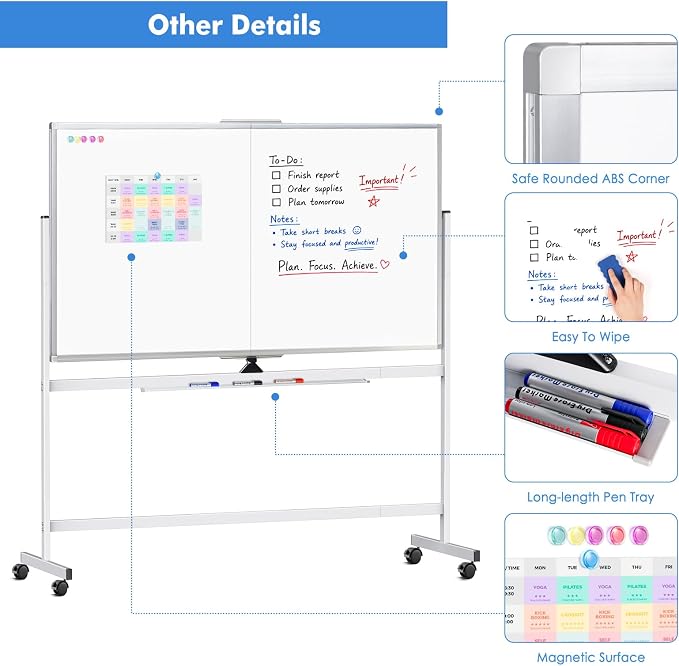 Double Sided Rolling Whiteboard, 72 x 40 Large White Board - Image 7