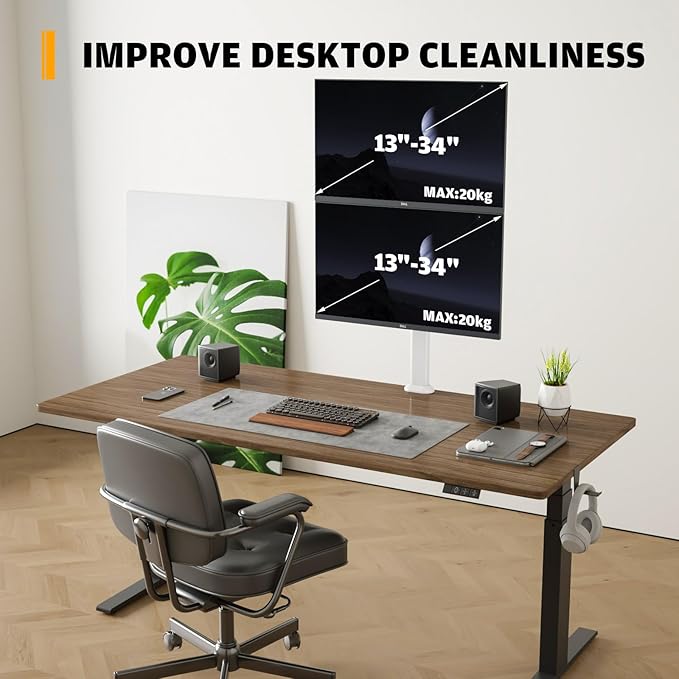 Dual Monitor Articulating Desk Mount Arm Stand - Vertical Stack Screen Supports Two 13 to 34 Inch Computer Monitors with C Clamp White-DeskLoop Office