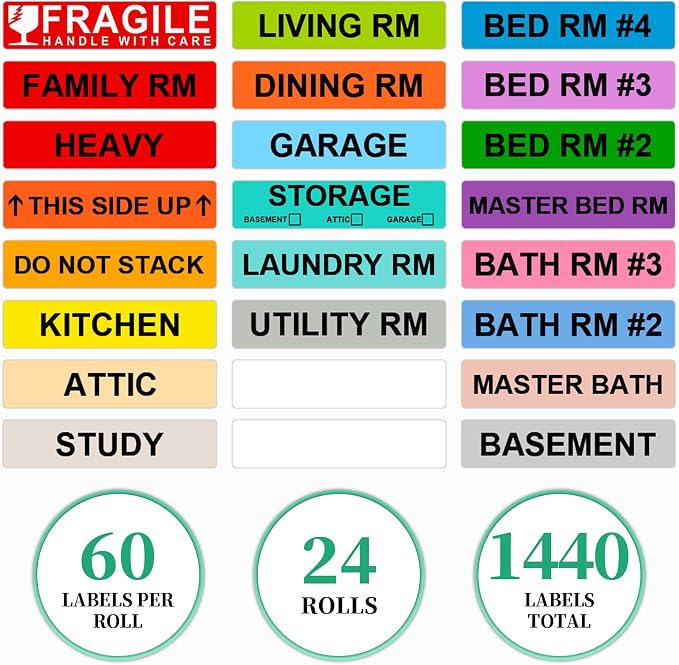 Moving Box Labels – 1440 PCS Color Coded Room Stickers, Fragile & Heavy Item - Image 3