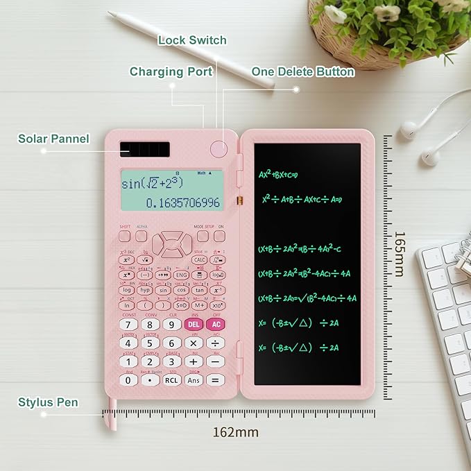 Rechargeable ROATEE 991ES MAX Scientific Calculators, CalcNote Multiview 4-Line Display with LCD Writing Tablet Notepad, Foldable Portable for Business High School College Students and Teacher(Pink)-DeskLoop Office